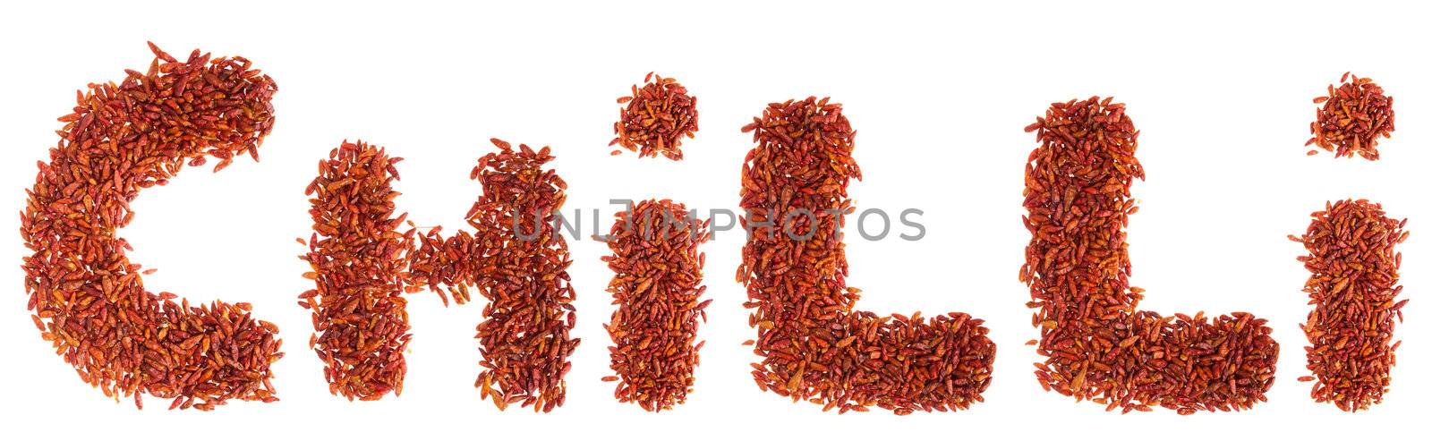 chilli written with piri piri chilli peppers (isolated on white background)