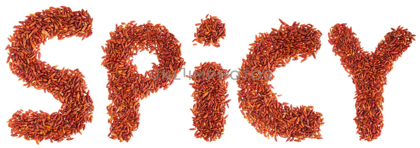 spicy written with piri piri chilli peppers (isolated on white background)