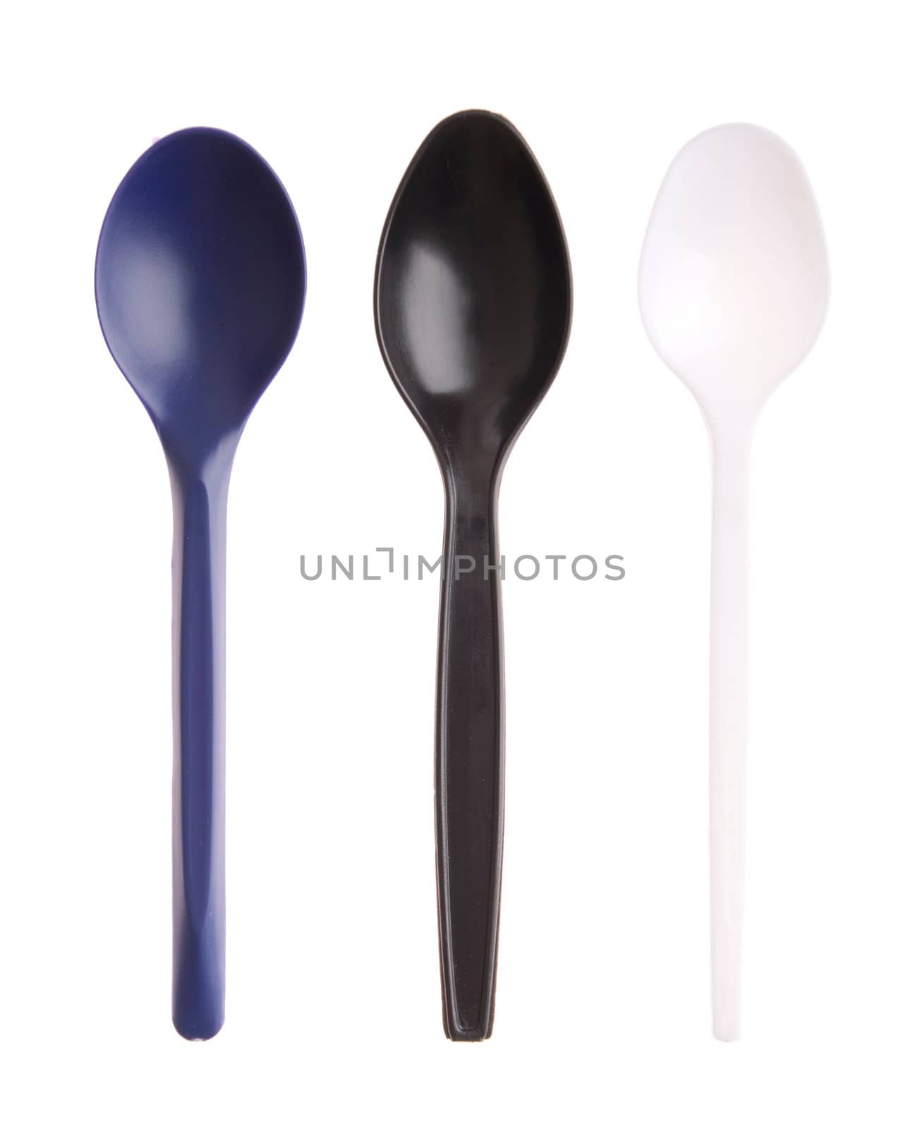 three plastic spoons (blue, black and white) isolated on white background