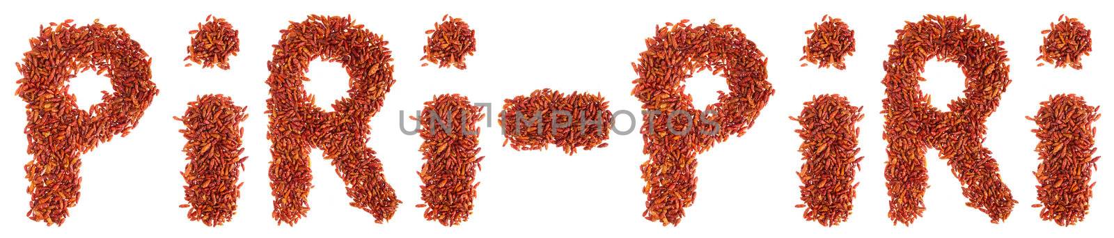 piri-piri written with piri piri chilli peppers (isolated on white background)