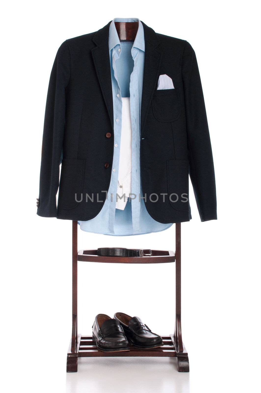 formal man dressing for a celebration, event, job interview or wedding on a wooden hanger (shirt, jacket, trousers, belt and shoes) isolated on white background