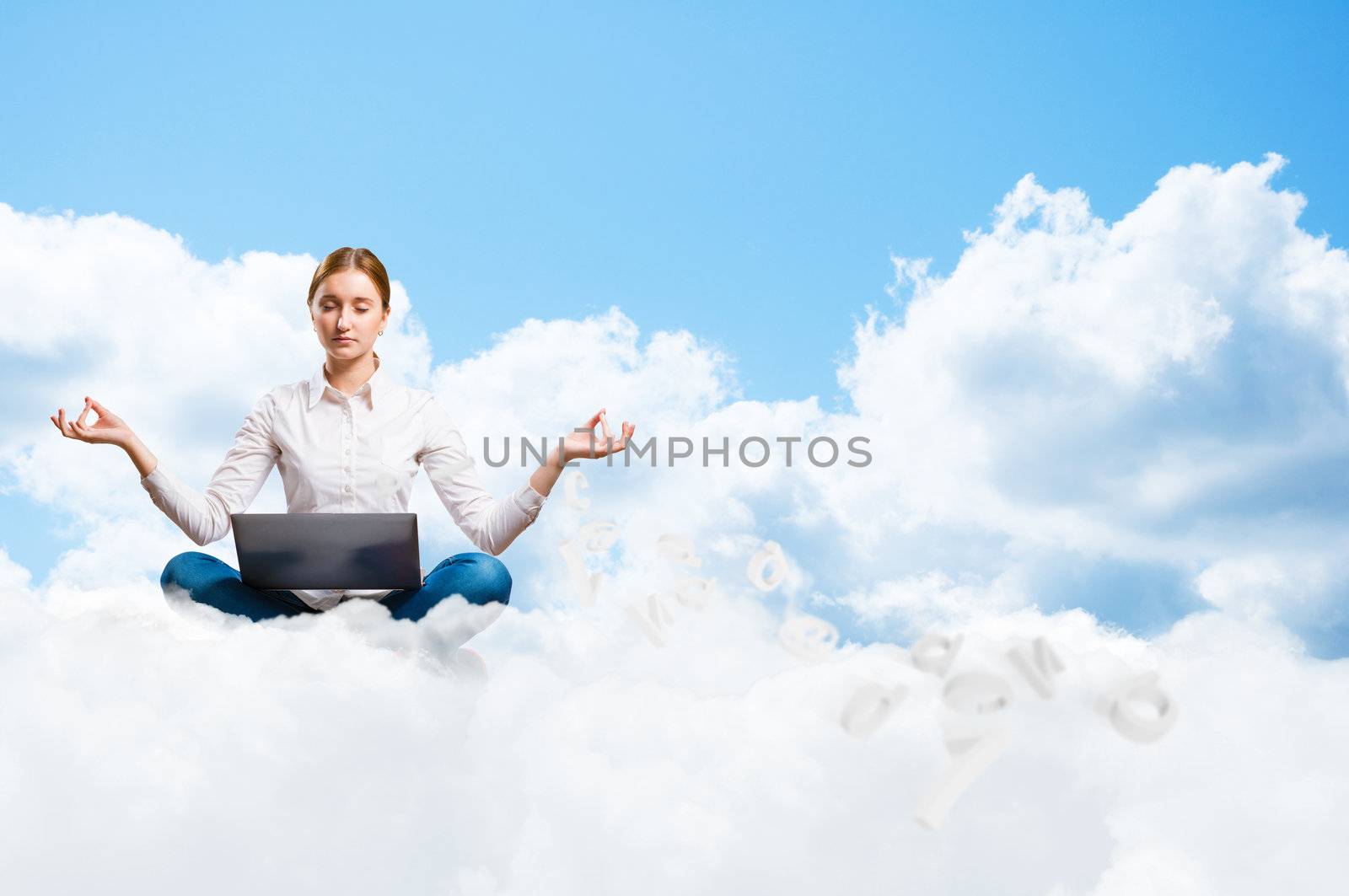 young girl meditating on the clouds with a laptop, dreaming at work