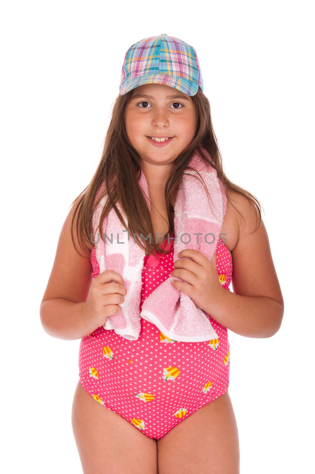 beautiful brunette teenage girl in swimsuit ready for the beach or pool with cap and towel (isolated on white background)