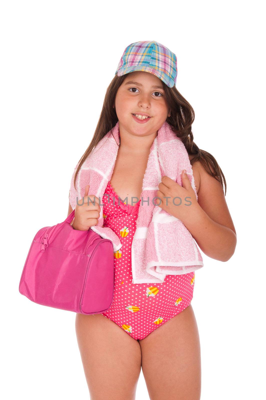 beautiful brunette teenage girl in swimsuit ready for the beach or pool with bag, cap and towel (isolated on white background)