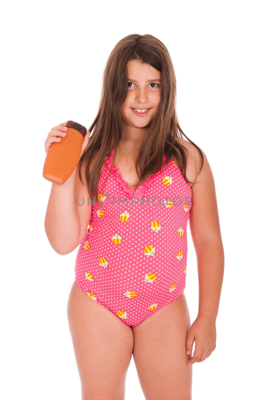 beautiful brunette teenage girl in swimsuit holding sun lotion (isolated on white background)