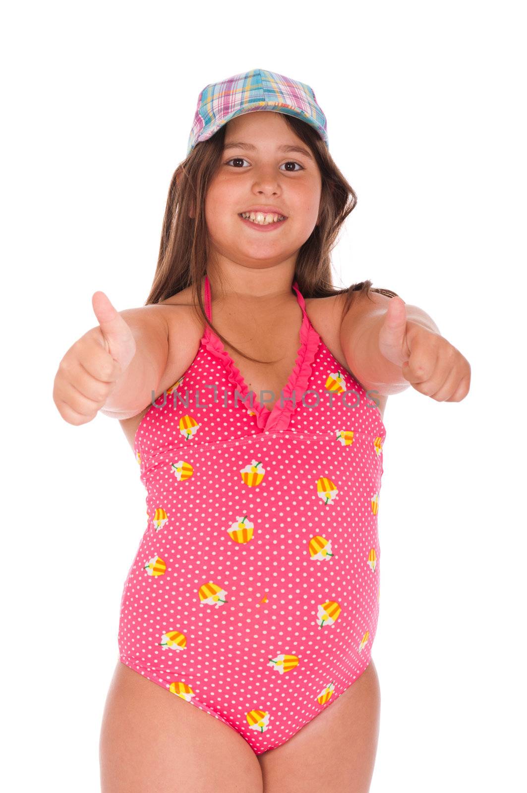 beautiful brunette teenage girl in swimsuit showing thumbs up (isolated on white background)