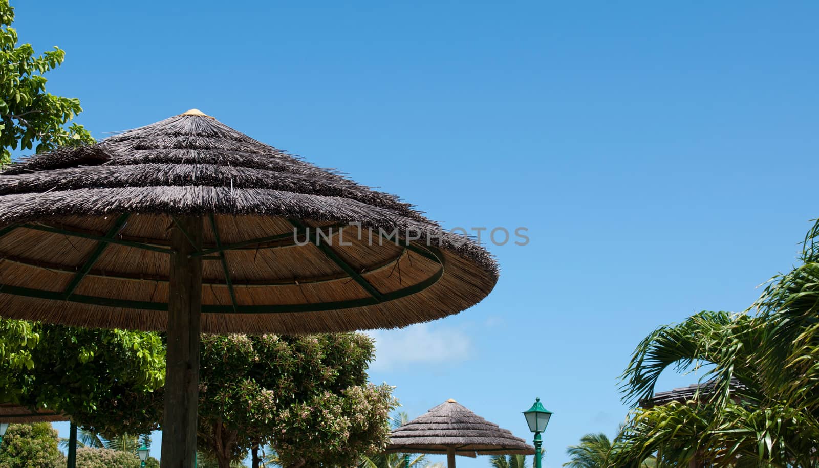 straw umbrella in a tropical resort (gorgeous blue sky for copy-space, summer vacations concept)