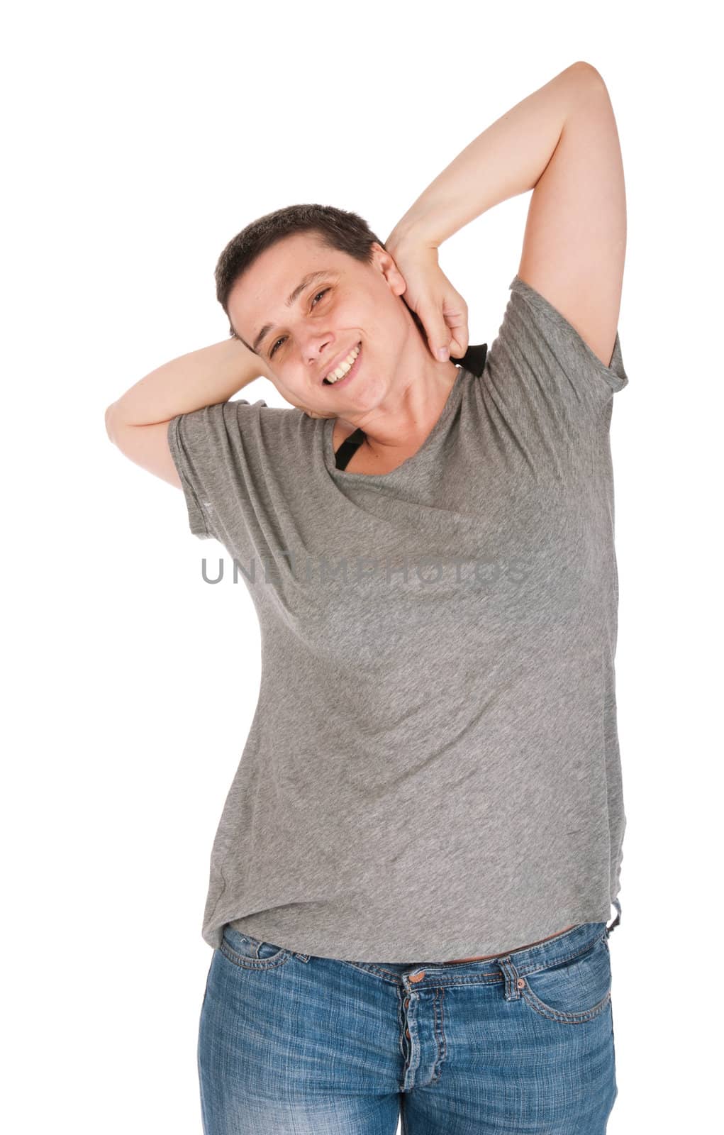 tired casual woman portrait with arms behind head after a postive but exhausting day (isolated on white background)