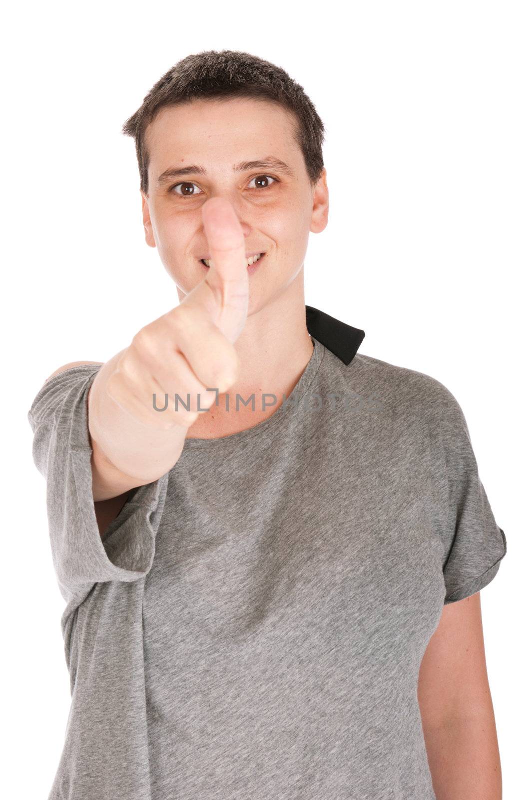 smiling casual woman with thumb up gesture, isolated on white background