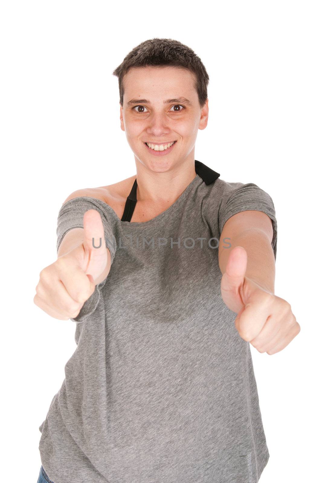 smiling casual woman with thumbs up gesture, isolated on white background