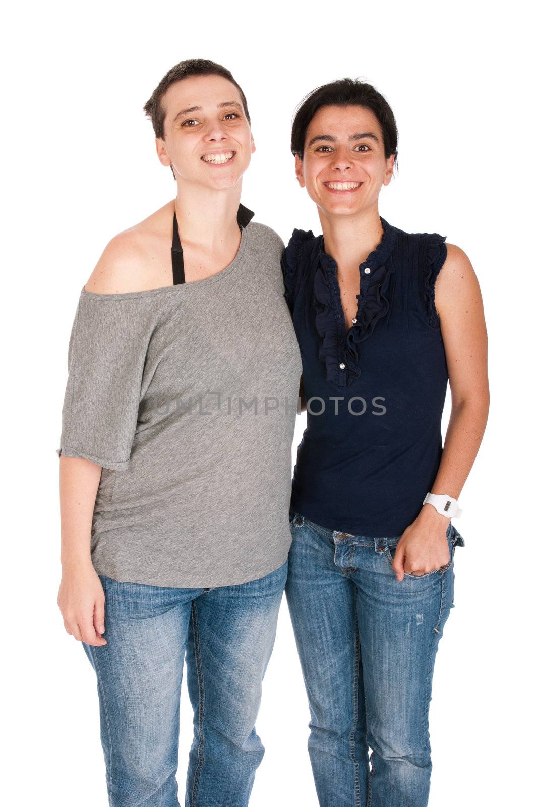 happy smiling sisters portrait in their 30s, isolated on white background