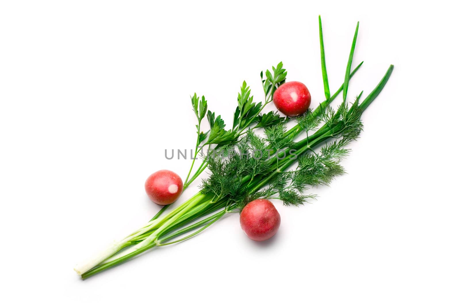 Parsley, radish, spring onions and dill isolated on white by Garsya
