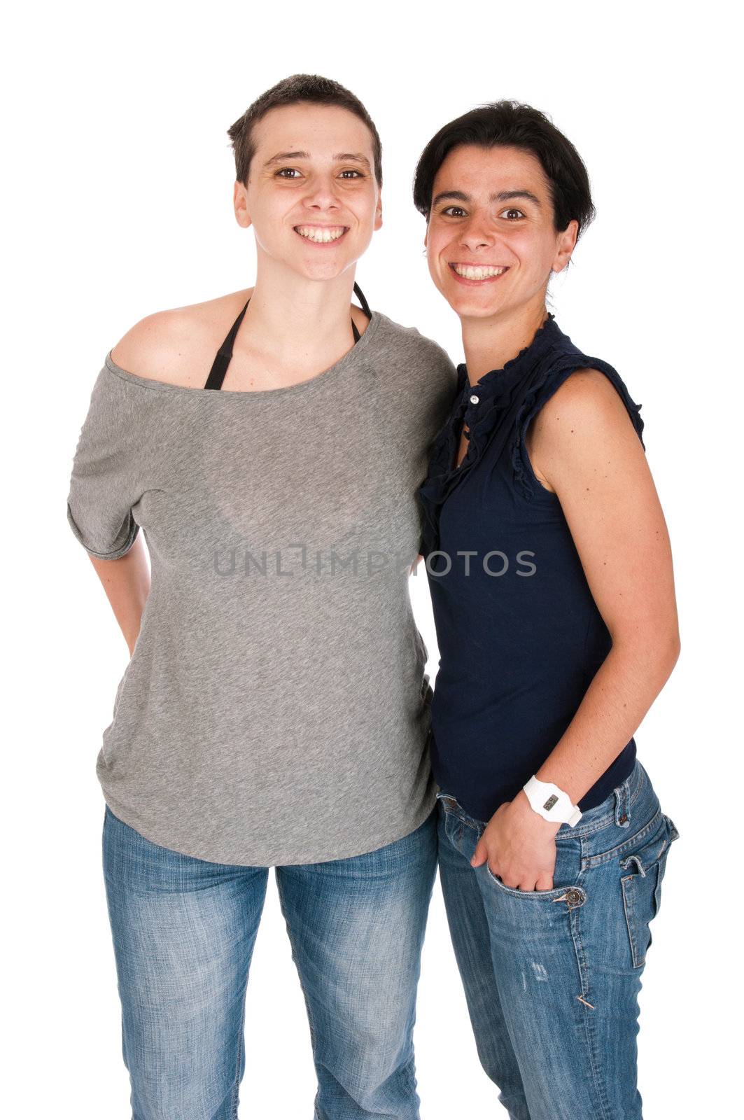 happy smiling sisters portrait in their 30s, isolated on white background