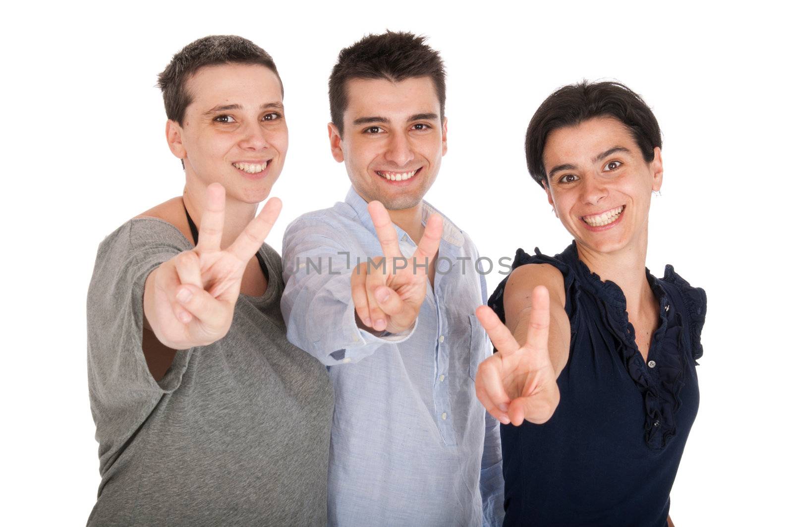 happy smiling brother and sisters showing showing victory hand sign (isolated on white background)