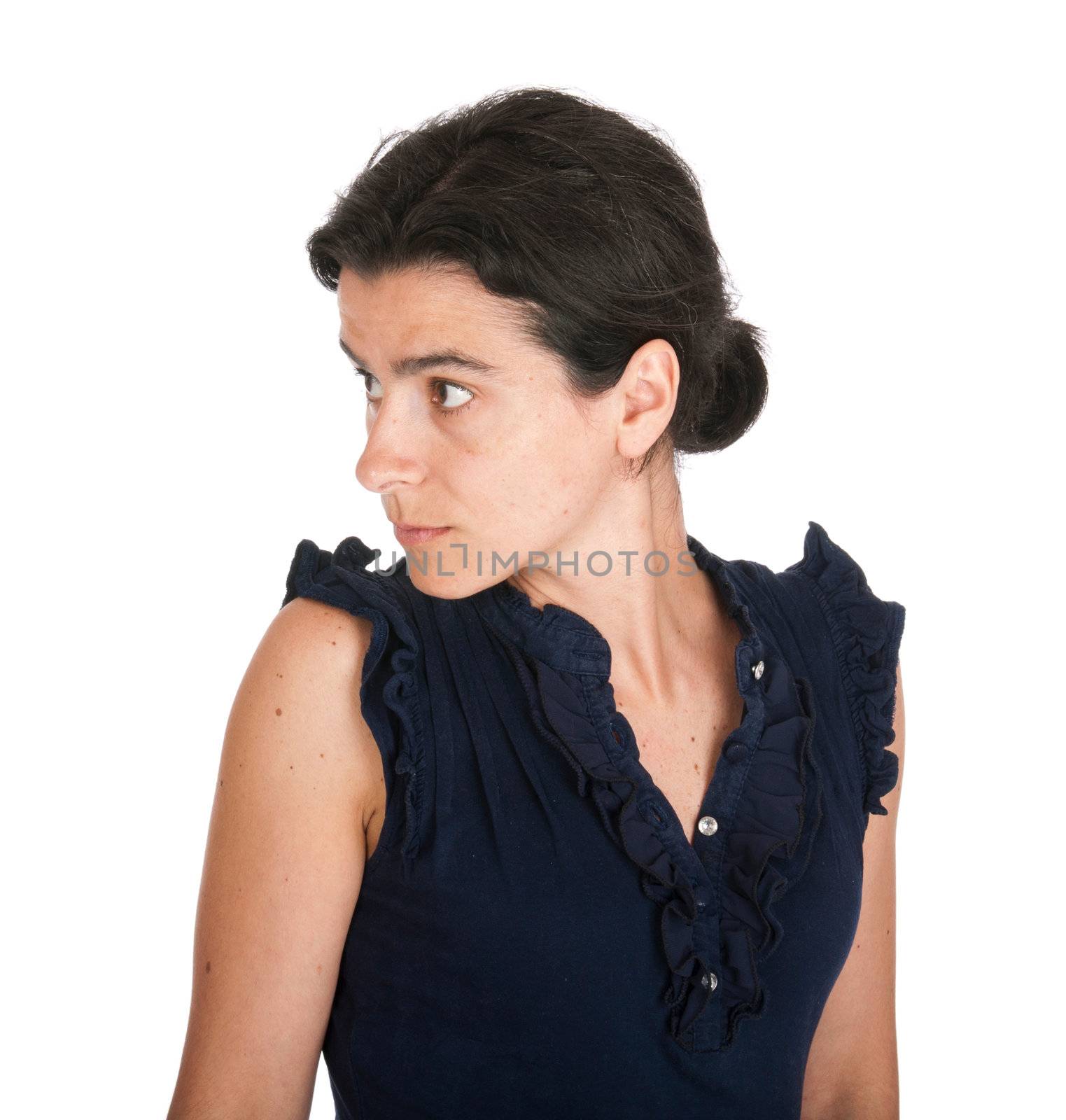 beautiful casual woman on her 30s with a suspicious expression, looking left (isolated on white background)