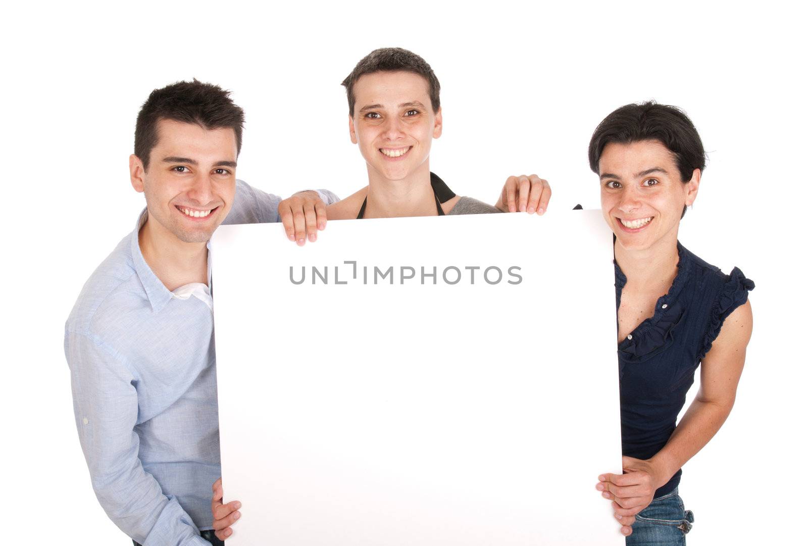 happy smiling brother and sisters holding a banner ad, isolated on white background
