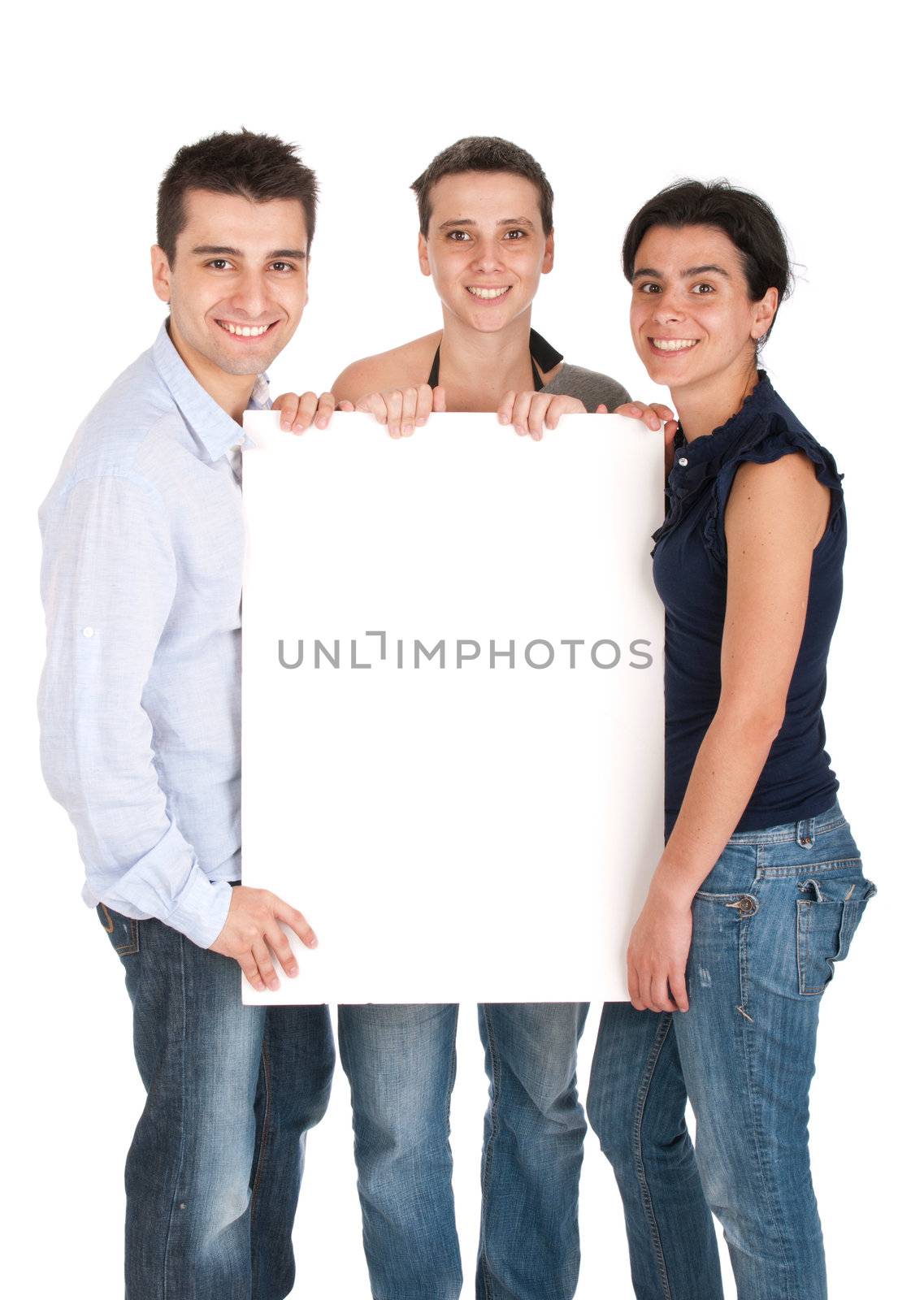 happy smiling brother and sisters holding a banner ad, isolated on white background