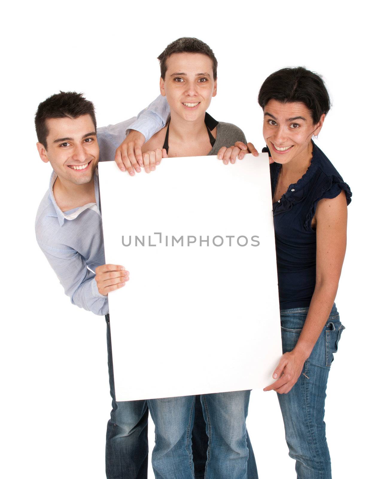 happy smiling brother and sisters holding a banner ad, isolated on white background