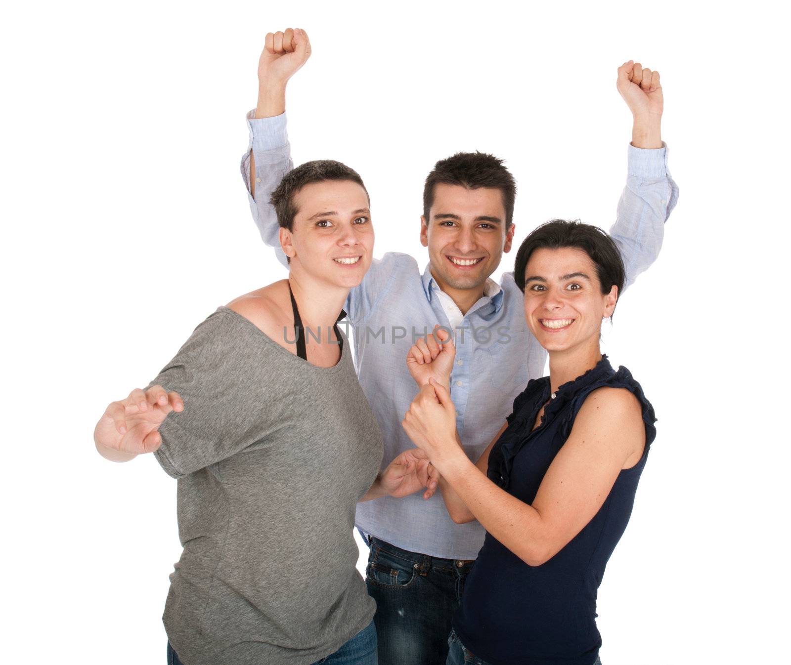 happy smiling brother and sisters having fun celebrating something, cheering and gesturing (isolated on white background)