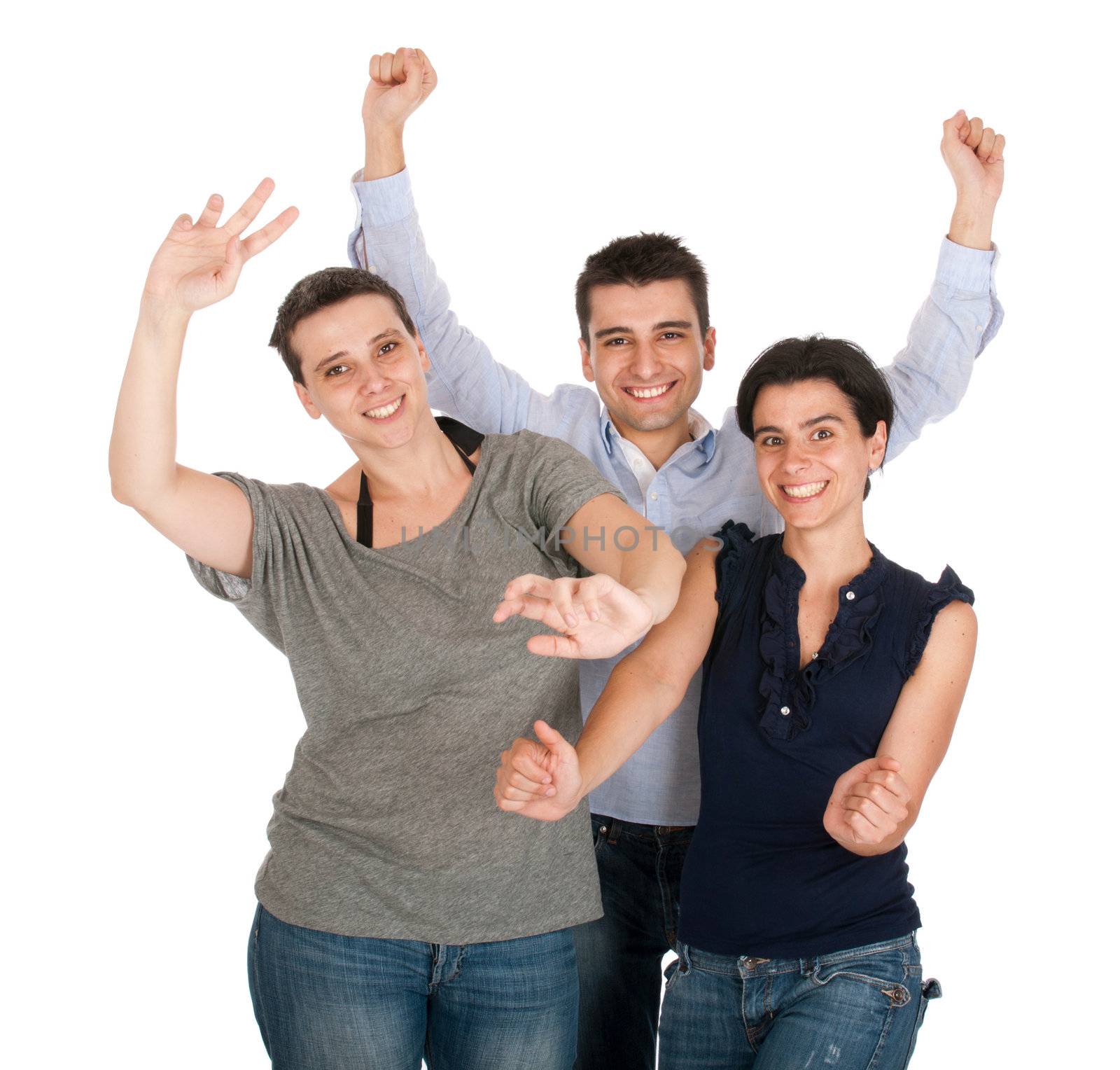 happy smiling brother and sisters having fun celebrating something, cheering and gesturing (isolated on white background)