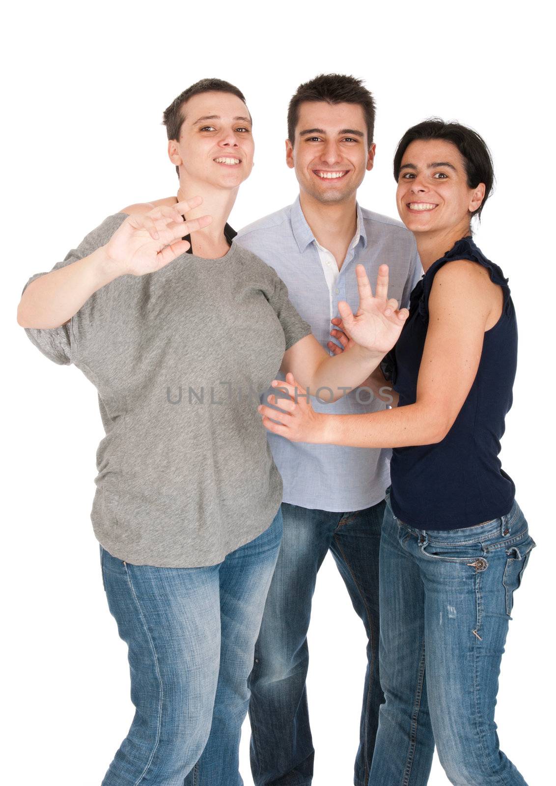 happy smiling brother and sisters having fun celebrating something, cheering and gesturing (isolated on white background)