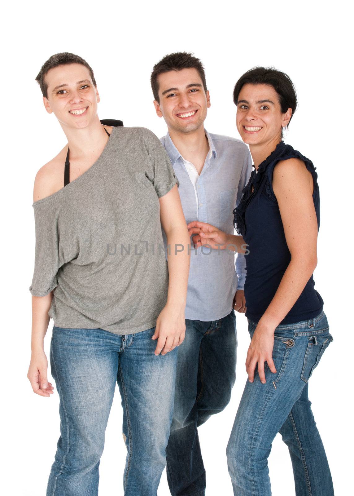 happy smiling brother and his two sisters portrait (isolated on white background)
