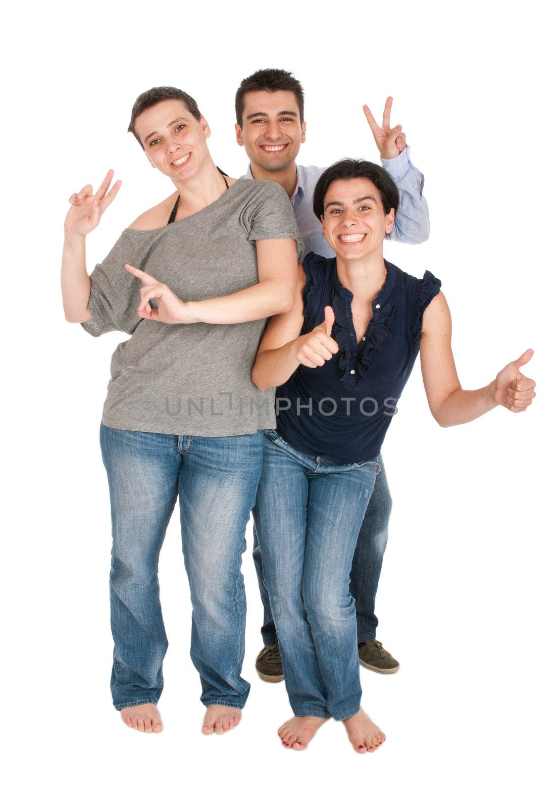 happy smiling brother and sisters having fun celebrating something, cheering and gesturing (full length picture, isolated on white background)