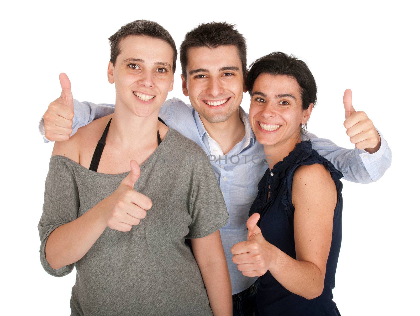 happy smiling brother and sisters showing thumbs up sign (isolated on white background)