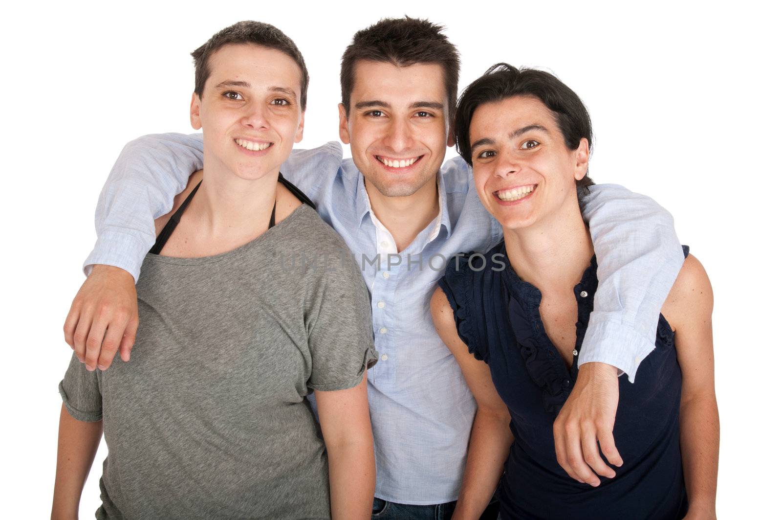 happy smiling brother and his two sisters portrait (isolated on white background)