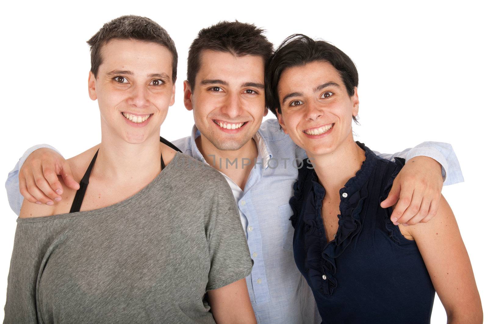 happy smiling brother and his two sisters portrait (isolated on white background)