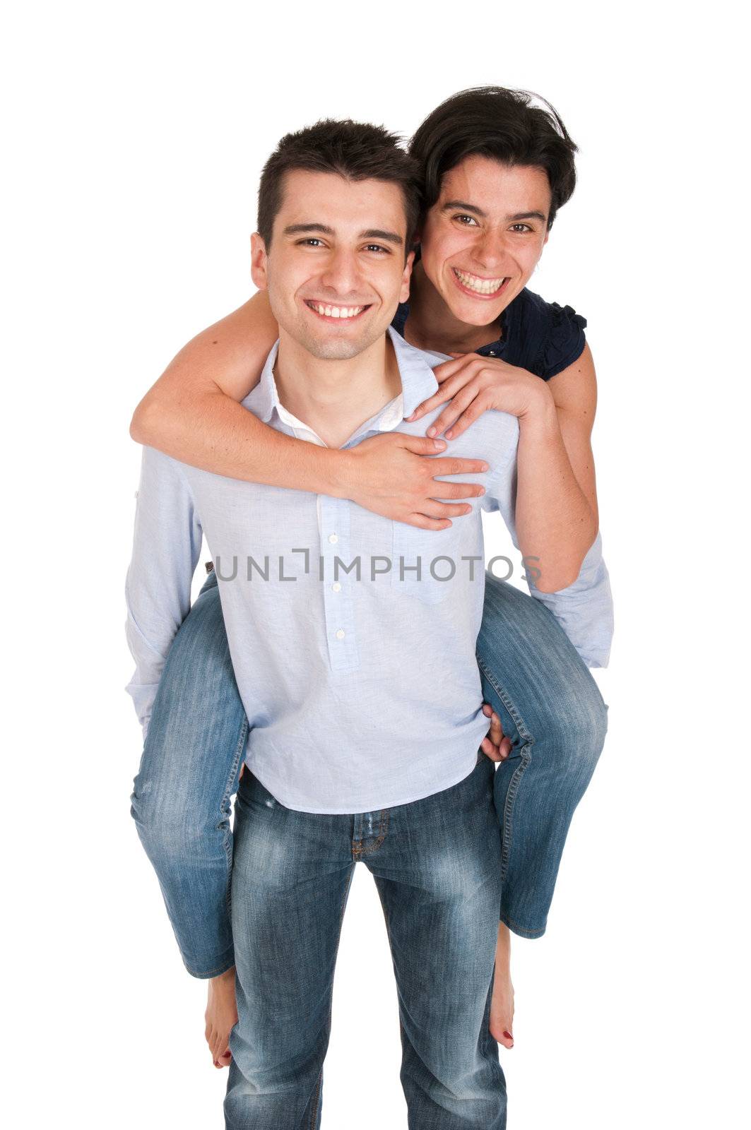 loving brother gives piggyback to his sister, happy hugging (isolated on white background)