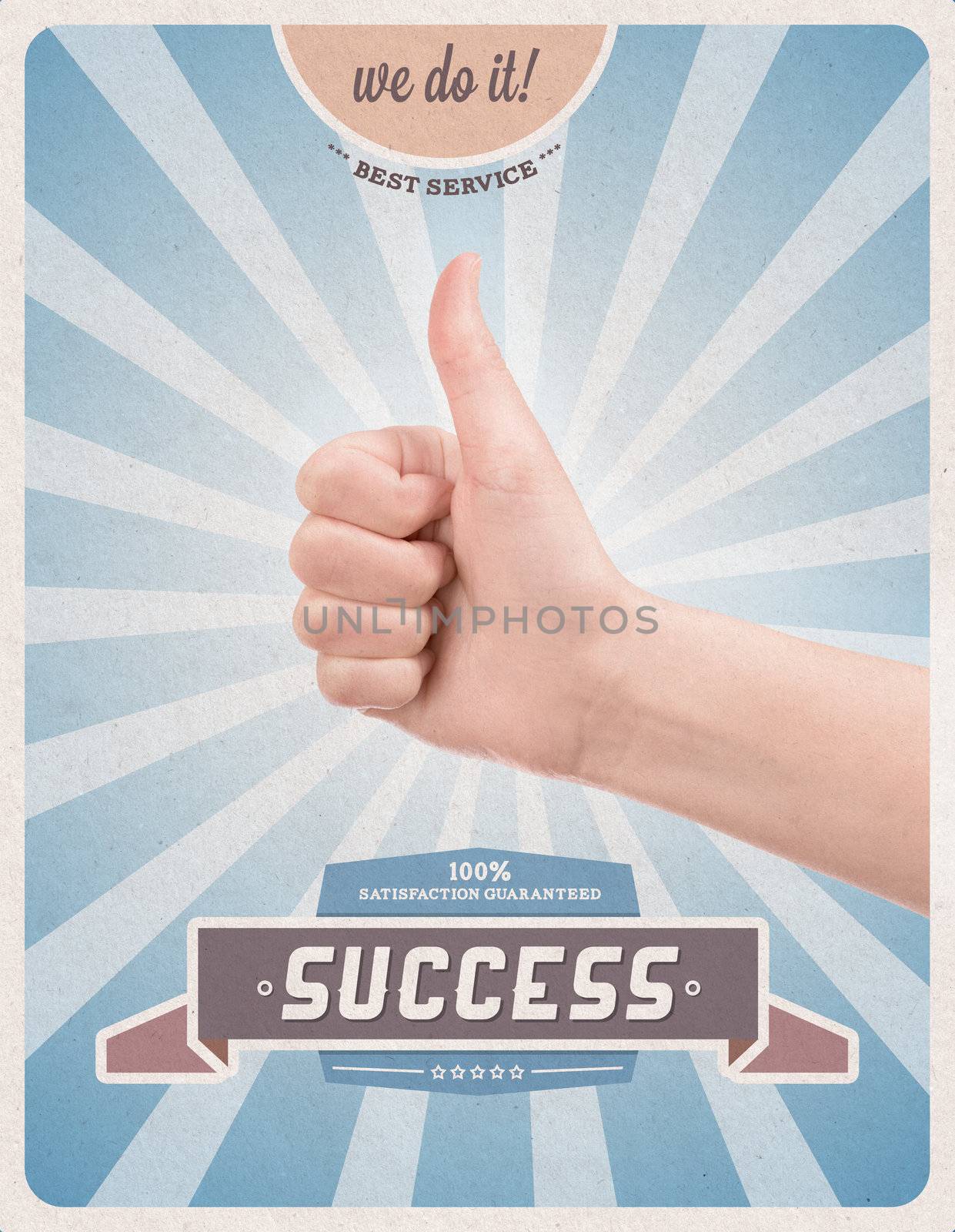 Retro or vintage advertising poster with hand giving a thumbs up gesture promising of best service, satisfaction guarantee and 100% success