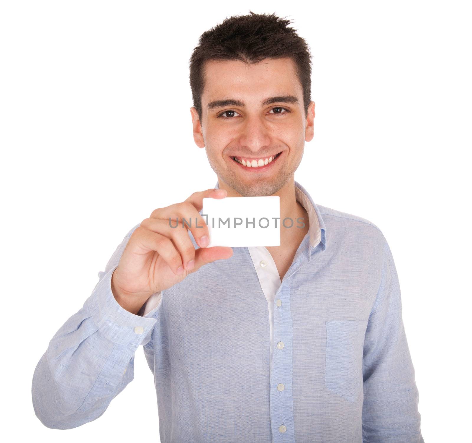 smiling young casual man holding blank white card (isolated on white background)