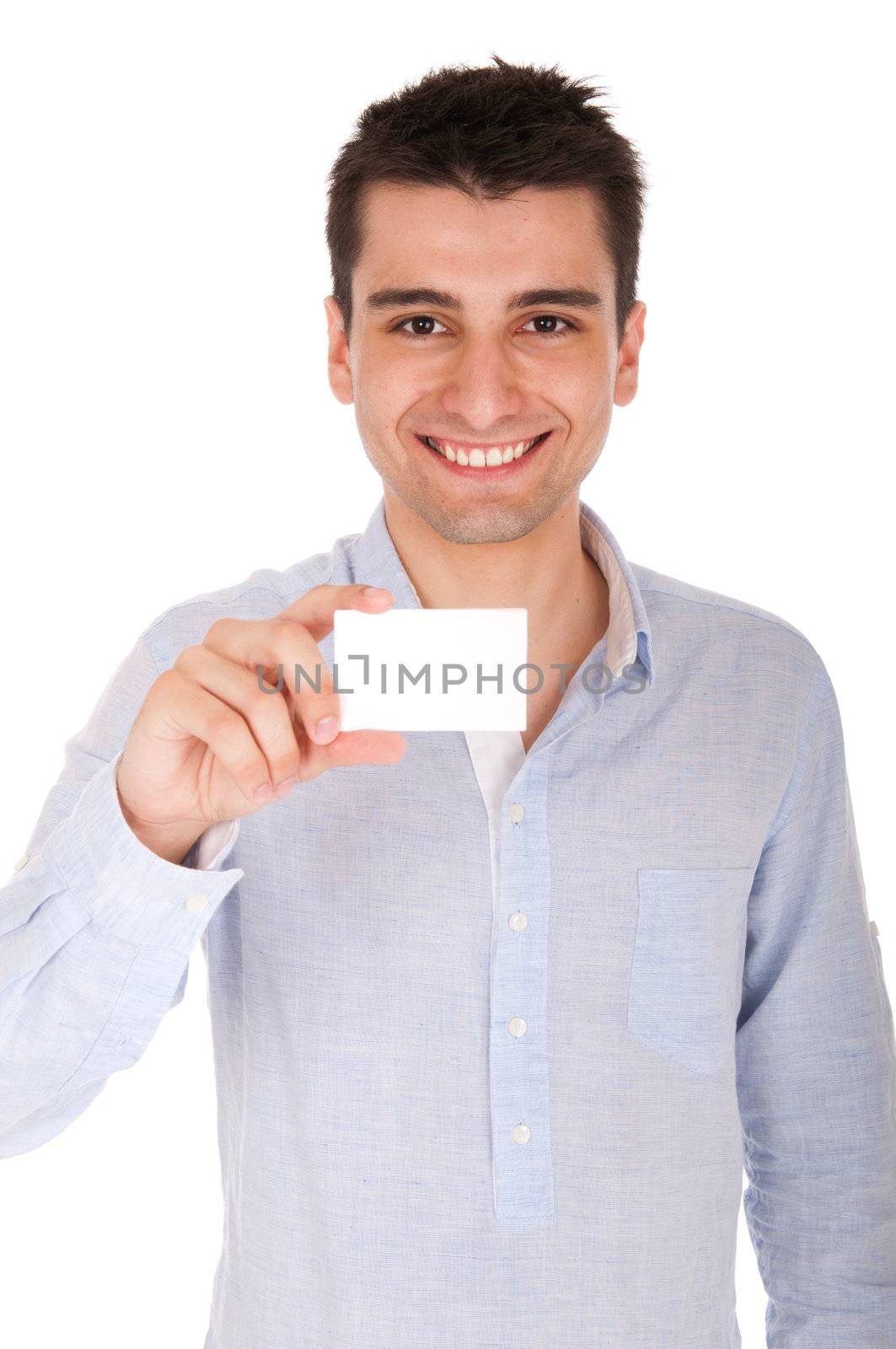 smiling young casual man holding blank white card (isolated on white background)