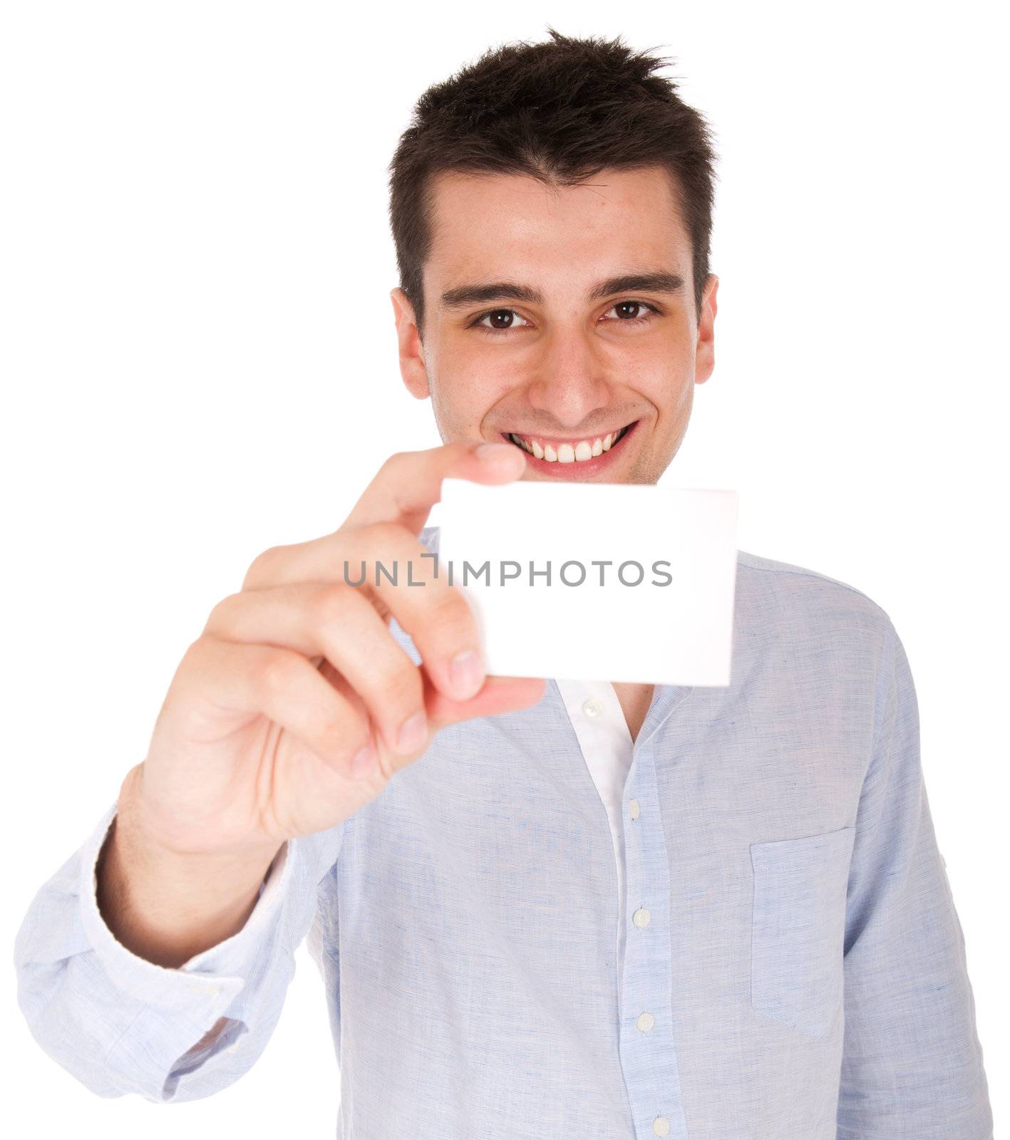 smiling young casual man holding blank white card (isolated on white background)