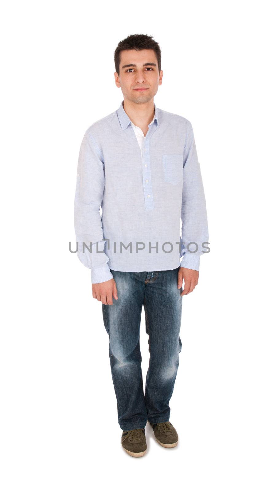 confident young casual man (full length portrait, isolated on white background)