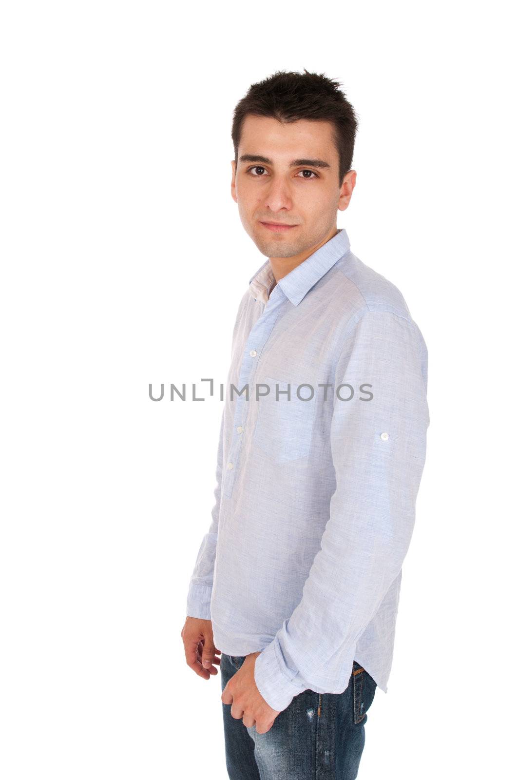 confident young casual man posing (profile picture, isolated on white background)