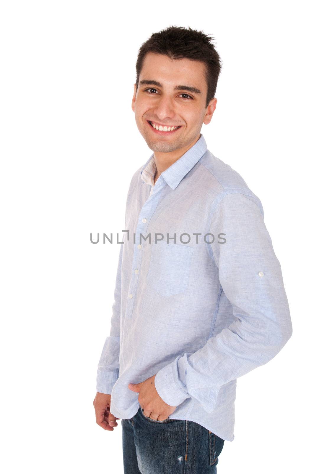 smiling young casual man posing (profile picture, isolated on white background)