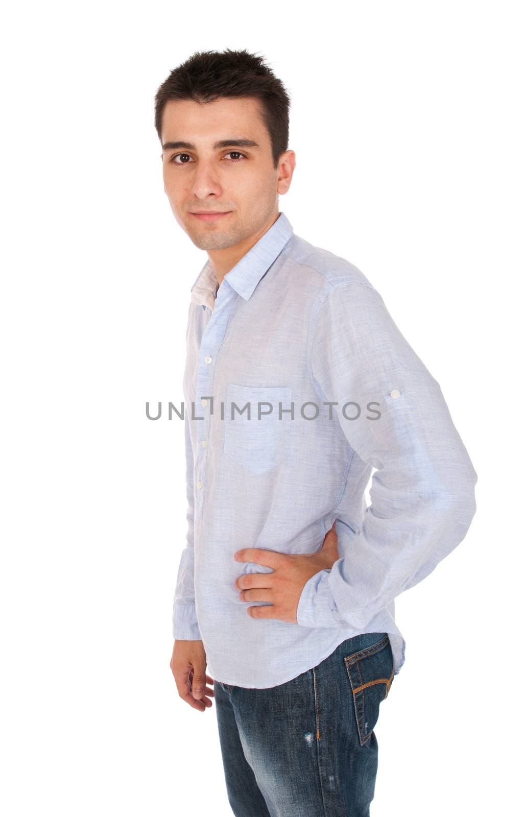 confident young casual man posing (profile picture, isolated on white background)