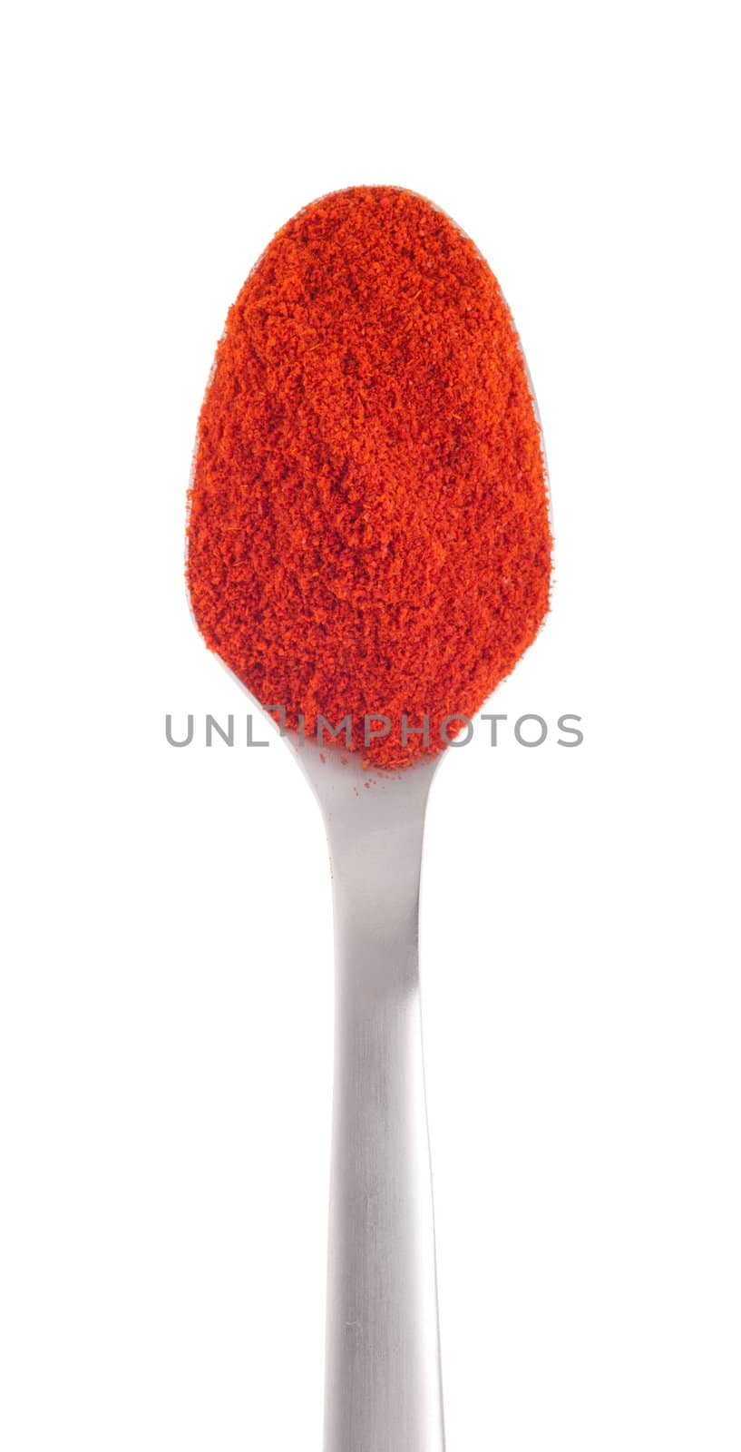 chili power spice on a stainless steel spoon, isolated on white background