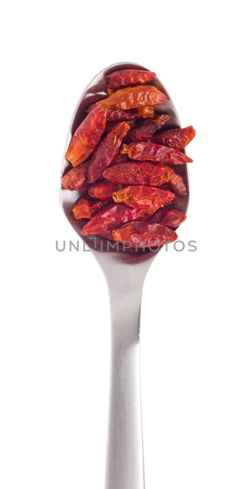 piri-piri spice on a stainless steel spoon, isolated on white background