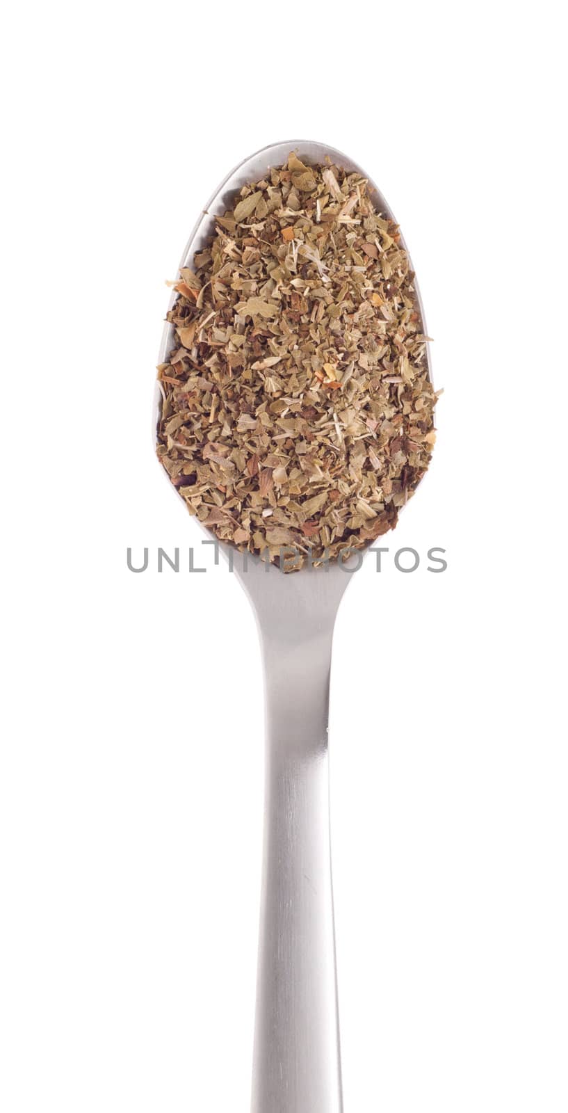 oregano spice on a stainless steel spoon, isolated on white background