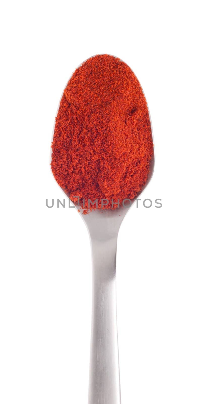 sweet paprika spice on a stainless steel spoon, isolated on white background