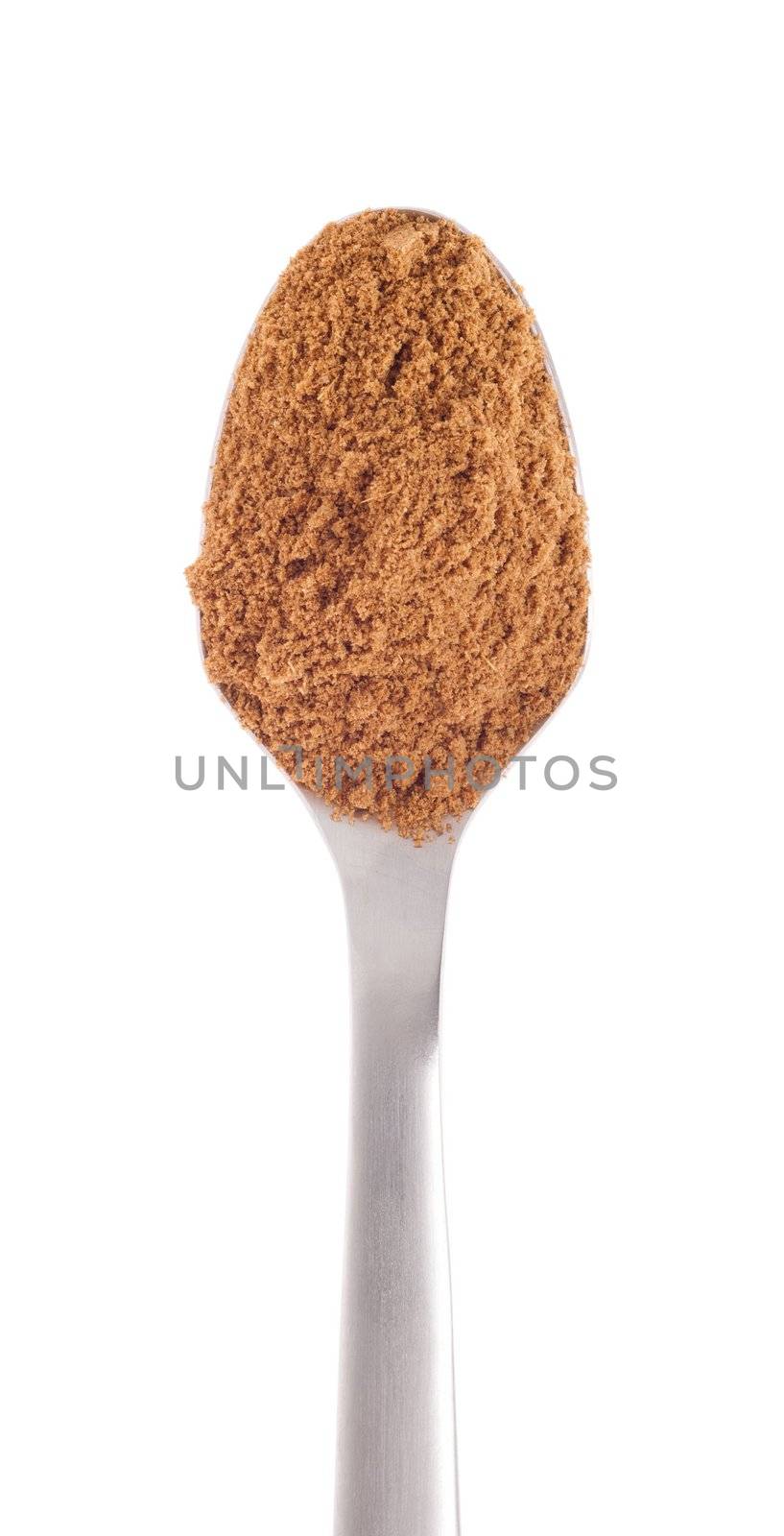 cumin spice on a stainless steel spoon, isolated on white background