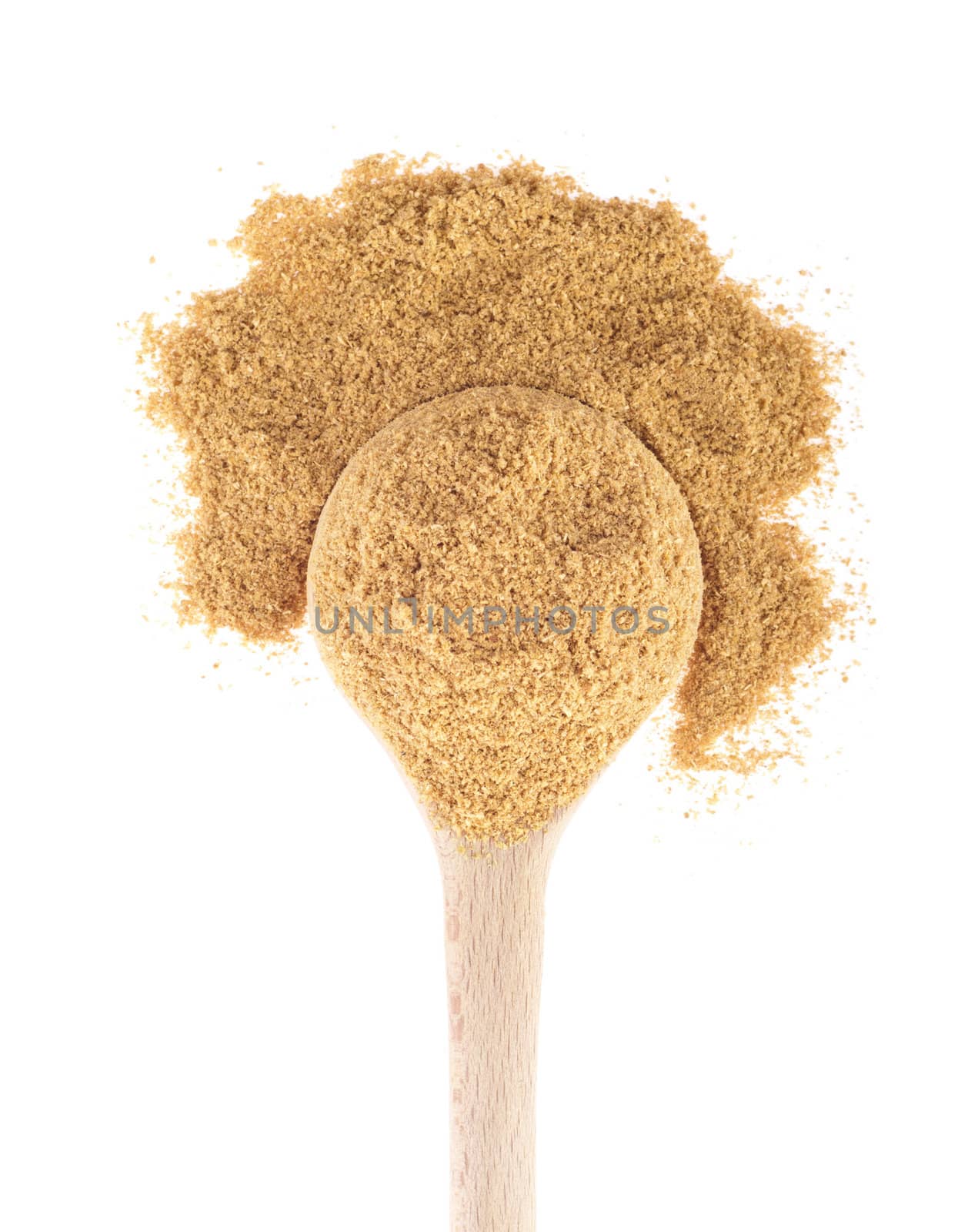 coriander spice on a wooden spoon, isolated on white background