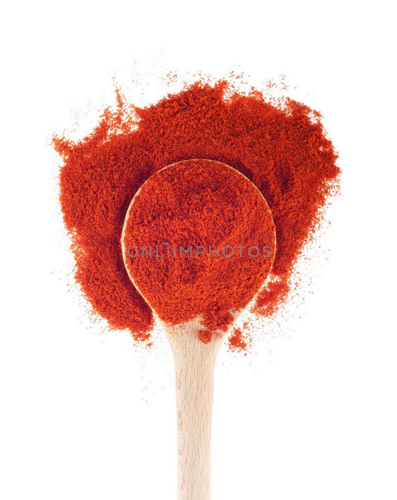 sweet paprika spice on a wooden spoon, isolated on white background