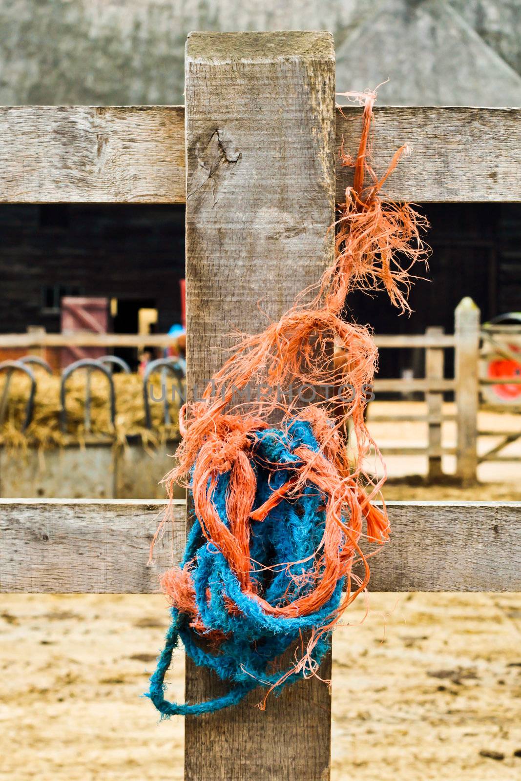 Cloe up of rope on a fence post at a farm yard