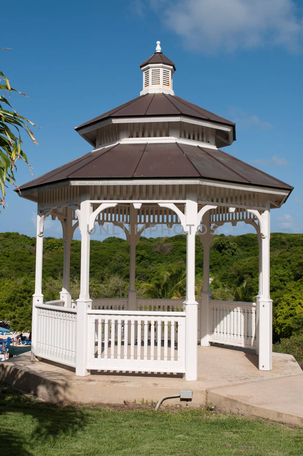 white gazebo on a tropical park with pathway (blue sky background)