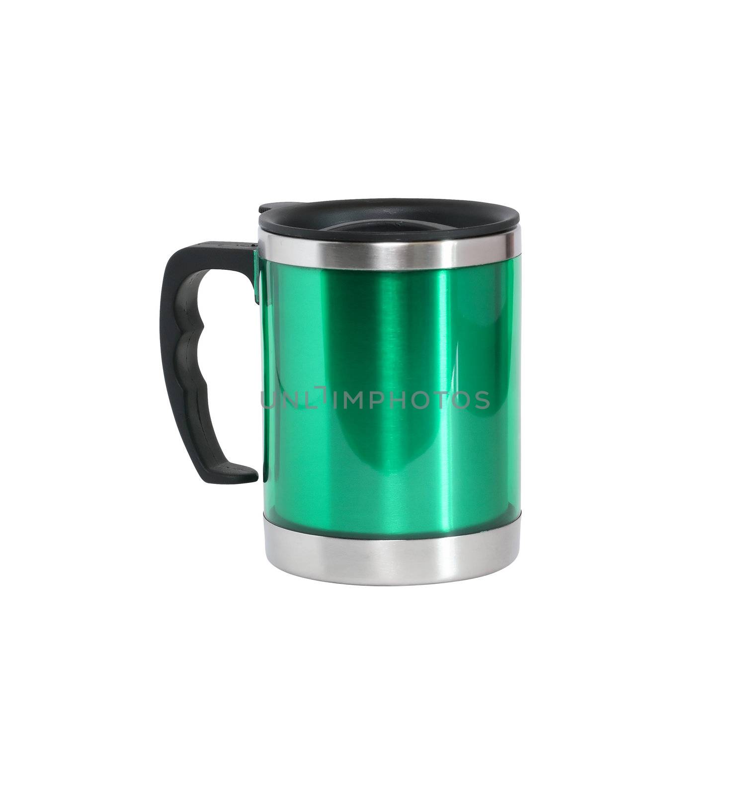 Modern green small thermos isolated on white with clipping path