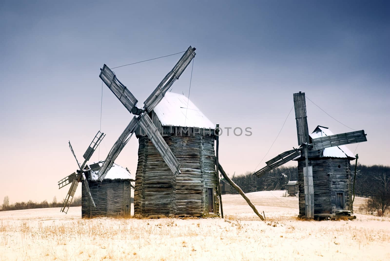 Old wooden windmills at Pirogovo ethnographic museum, near Kiev, Ukraine 